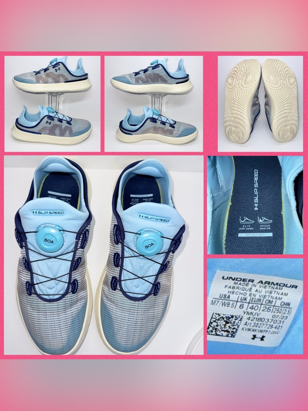 Under Armour Unise W-8.5. M-7  Light Blue and Navy BOA Slip-On Sneakers
